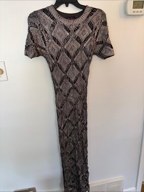 Hot Miami Styles Pewter Open-Knit Diamond Maxi Dress